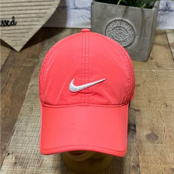 NIKE GOLF PINK W/WHITE SWOOSH UNSTRUCTURED RUNNING LIGHTWEIGHT HAT CAP - Picture 7 of 7